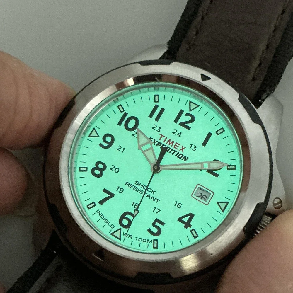 Timex Expedition Indiglo Mens Watch 42mm Cream Dial Brown Leather Date New Batt